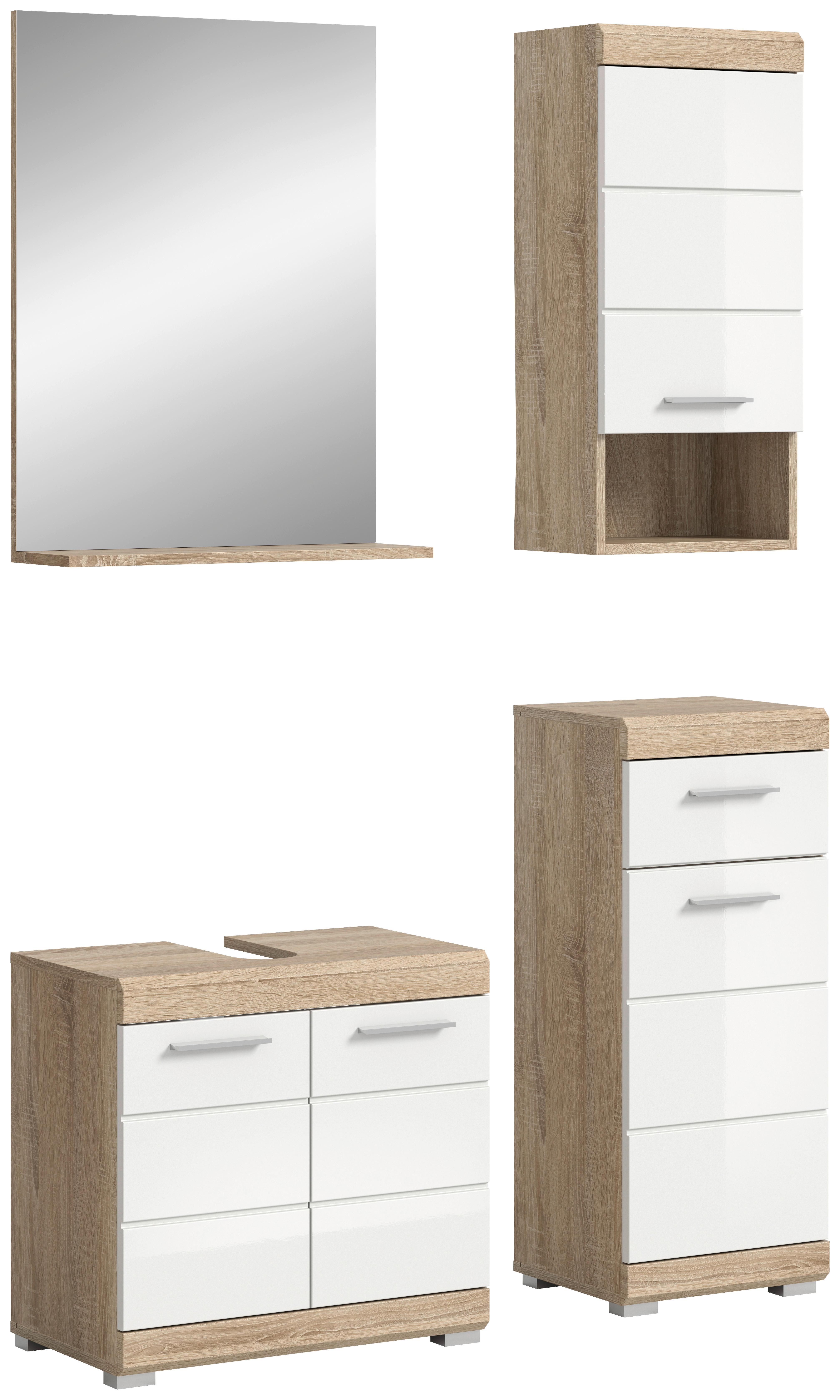 Badezimmer Lambada 4-tlg. ca. 97 cm Eiche/Weiß - Weiß Hochglanz/Silberfarben, MODERN, Glas/Holzwerkstoff (97cm) - MID.YOU