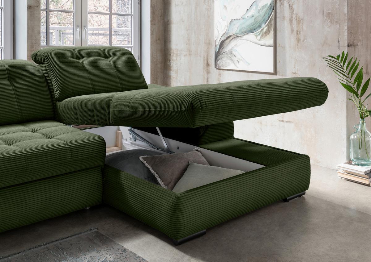 Ecksofa mit Bettkasten Rigatti ca. 314x184 cm Dunkelgrün - Dunkelgrün/Schwarz, MODERN, Textil/Metall (314/184cm) - Livetastic