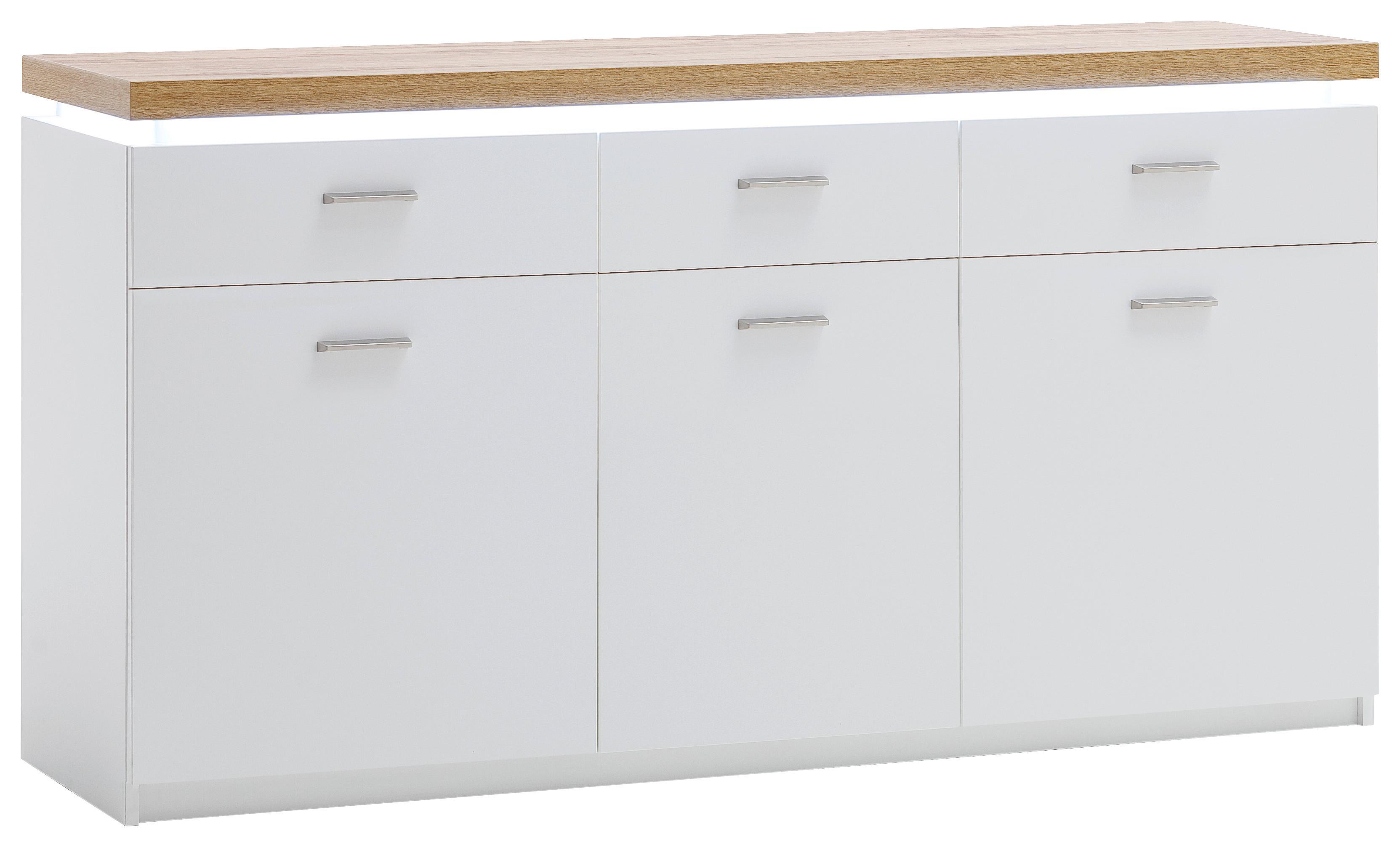 Sideboard Cali in Weiß/Eichefarben - Eichefarben/Silberfarben, MODERN, Holzwerkstoff/Metall (156/82/44cm) - Premium Living