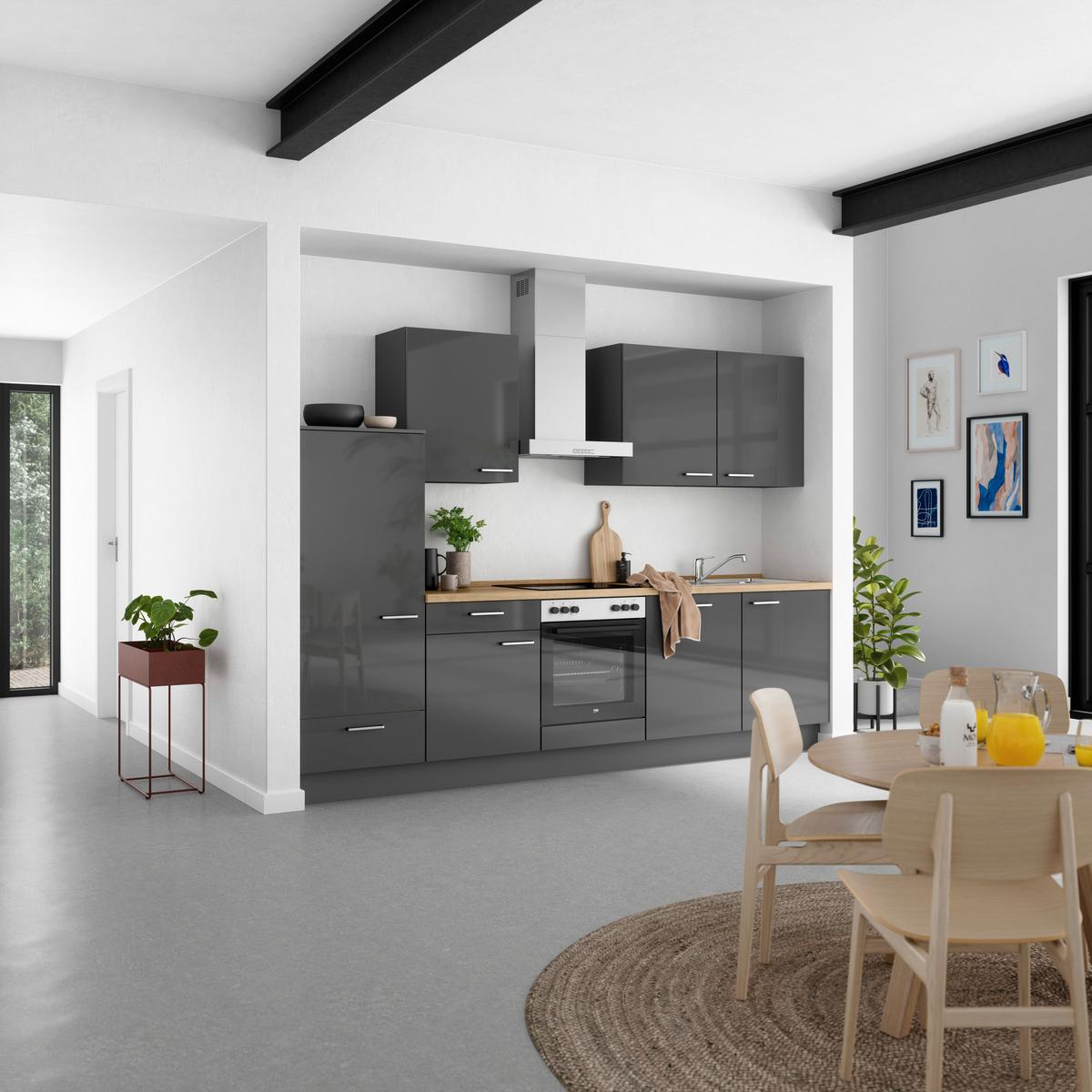 Küchenblock Flash Low m. Geräten Schieferfarben - Schieferfarben/Edelstahlfarben, MODERN, Holzwerkstoff/Metall (300cm) - Nobilia