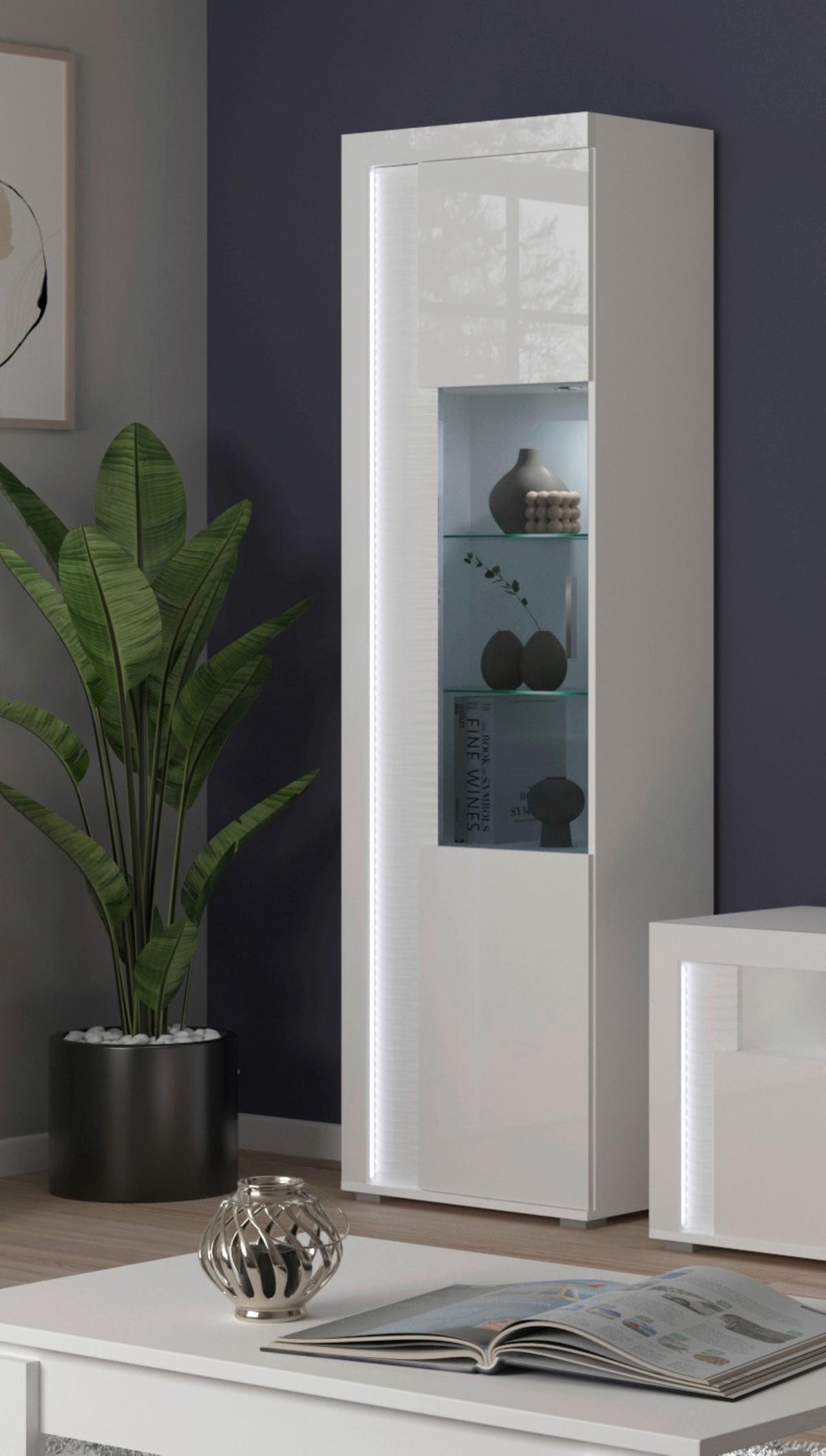 Vitrine Skylight ca. 60x202 cm Weiß hochglanz - Weiß Hochglanz/Silberfarben, Design, Holzwerkstoff/Kunststoff (60/202/37cm) - MID.YOU