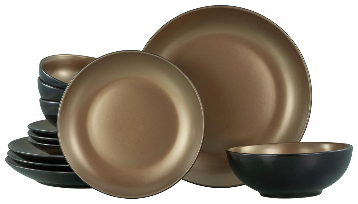 Tafelservice Schwarz/Goldfarben, 12-teilig - Goldfarben/Schwarz, Keramik (31,5/31/38cm) - Creatable