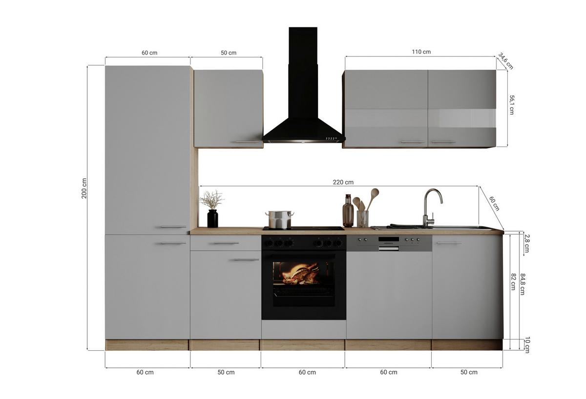 Küchenblock Merle m. Geräten Weiß - Edelstahlfarben/Eichefarben, Basics, Holzwerkstoff/Metall (280cm) - Respekta