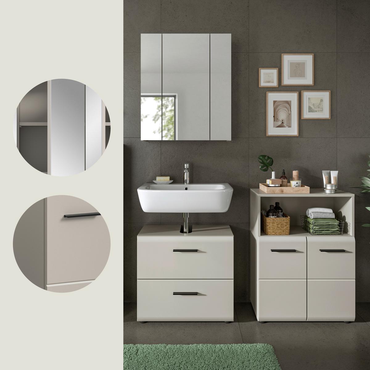 Badezimmer Ice Kaschmir 3-teilig - Kaschmir/Schwarz, Trend, Glas/Holzwerkstoff (120cm) - MID.YOU