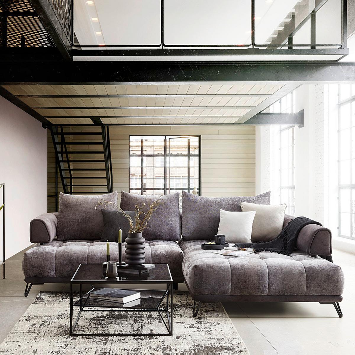 Ecksofa Morgan Graphitfarben - Graphitfarben/Schwarz, MODERN, Textil/Metall (262/67-87/184cm) - Mömax