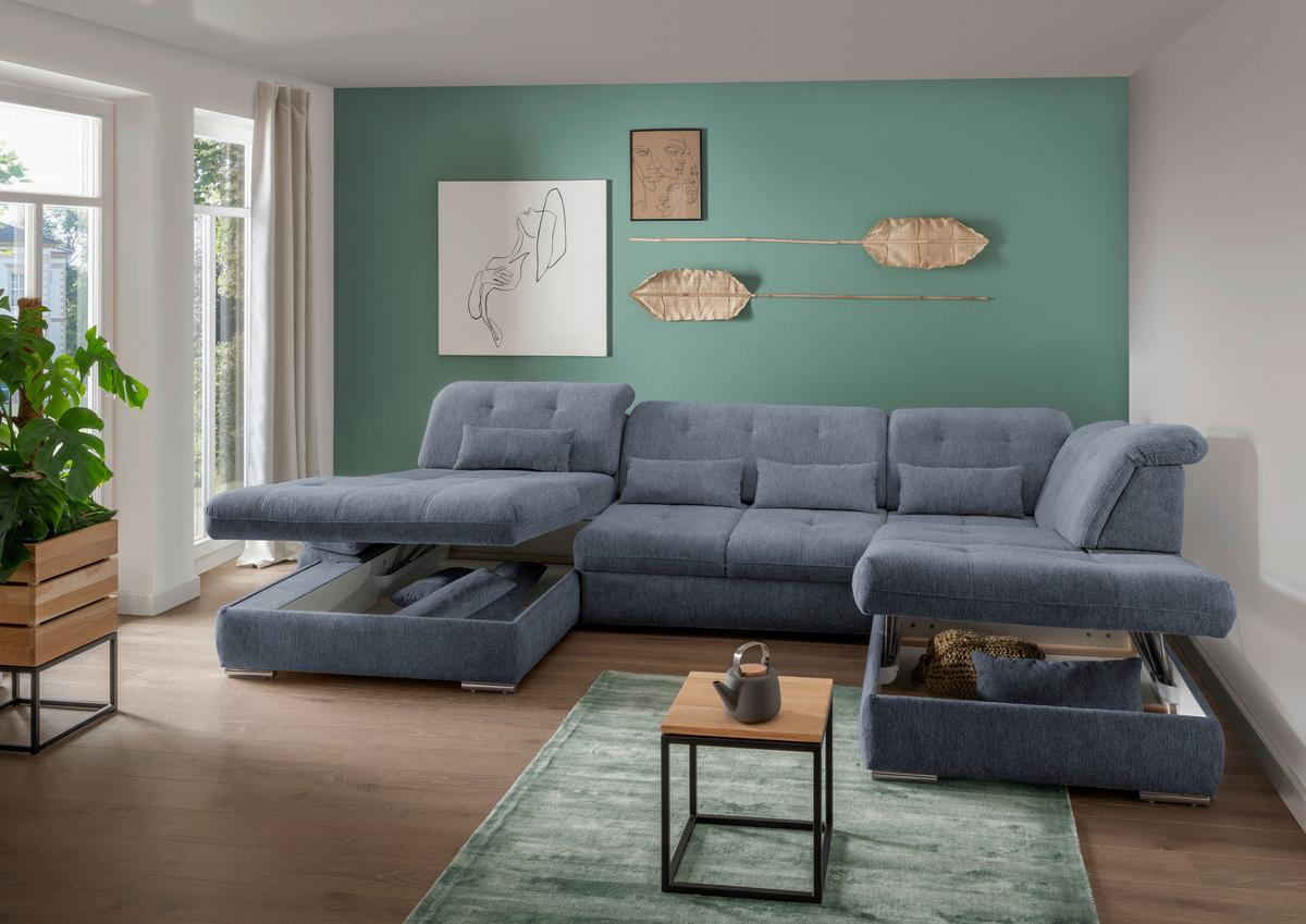 Wohnlandschaft Dalida Hellblau Chenille - Chromfarben/Hellblau, Design, Textil/Metall (195/376/254cm) - Livetastic