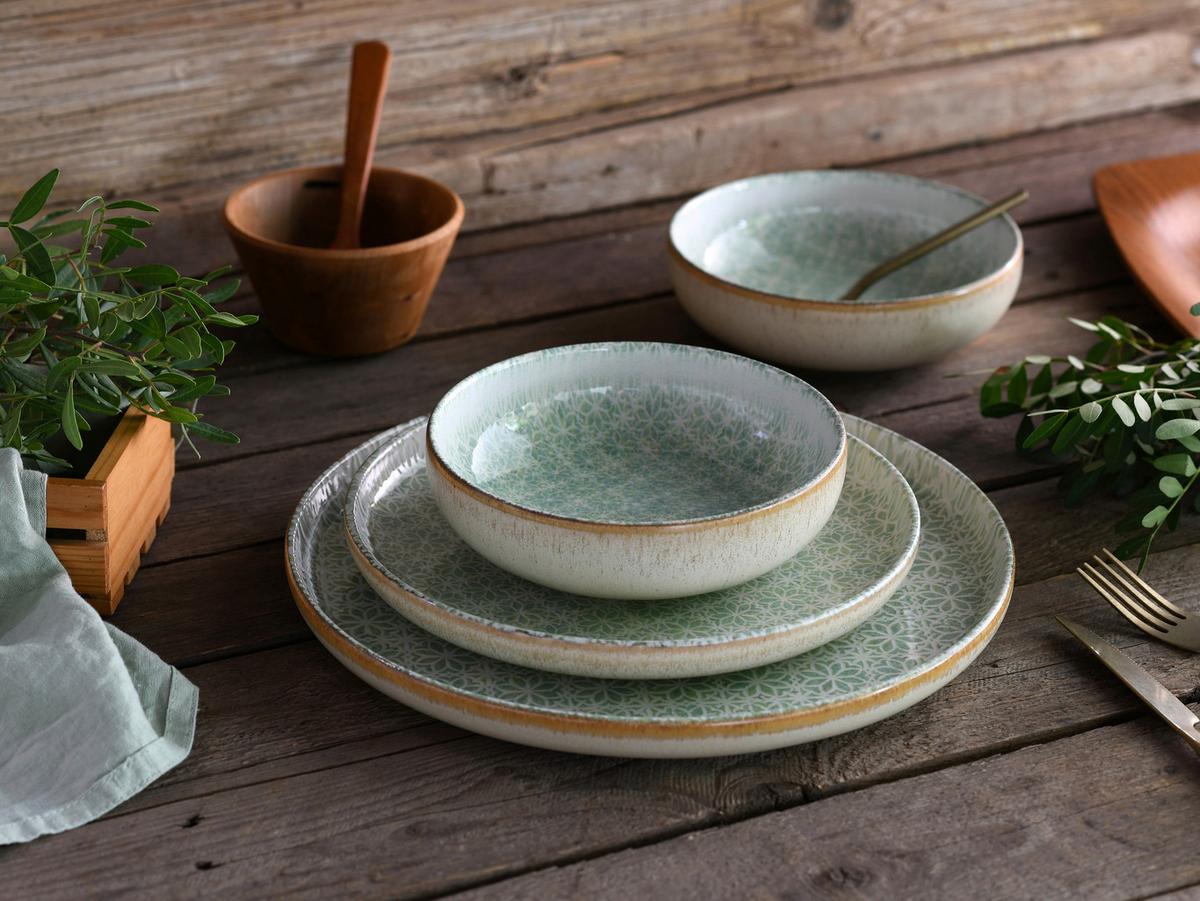 Jedilni Servis Emiliana Green, 12-Delni - krem barve/zelena, Basics, keramika - Creatable