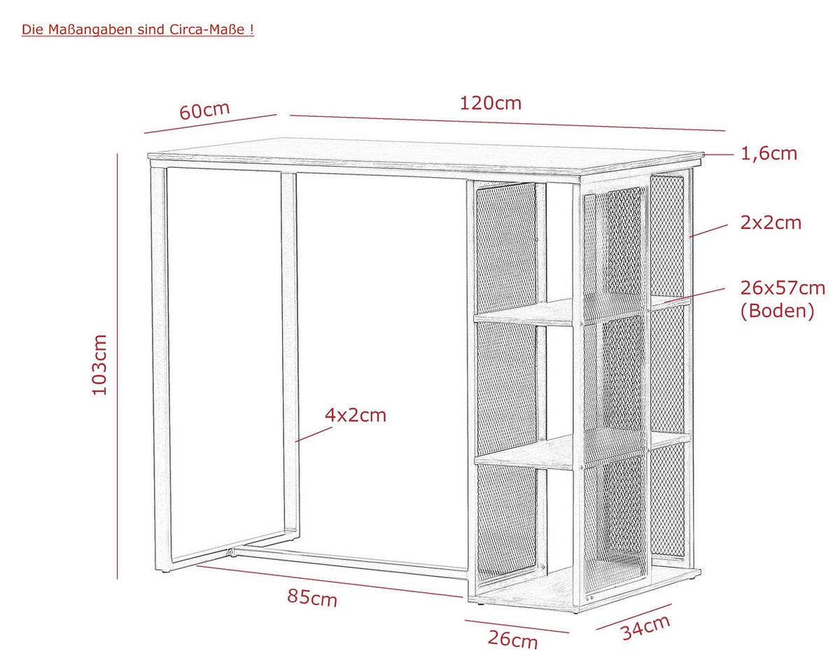 BARTISCH KLARA BT - Eichefarben/Dunkelgrau, MODERN, Holzwerkstoff/Metall (120/102,5/60cm) - P & B