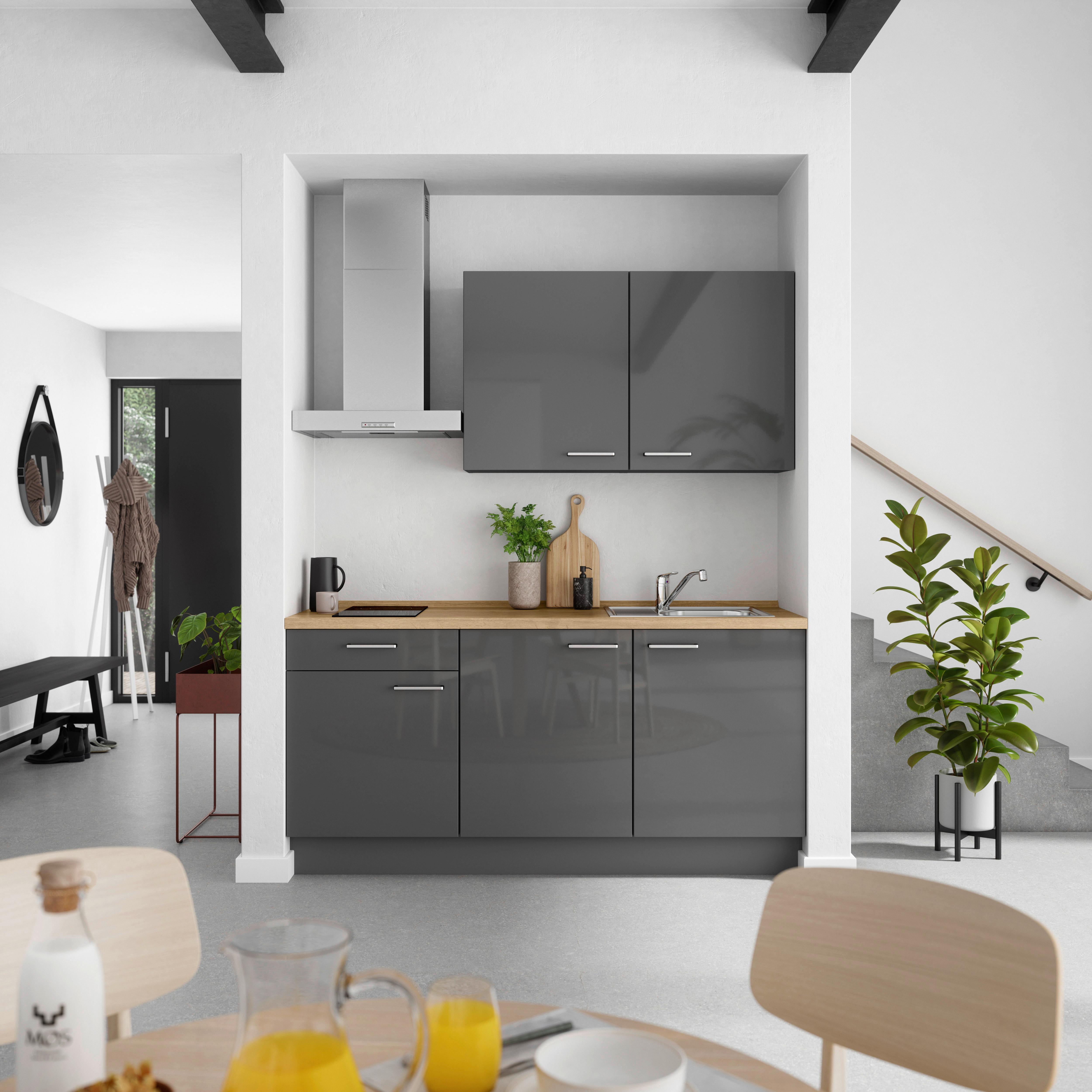 Küchenblock Flash Low m. Geräten Schieferfarben - Schieferfarben/Edelstahlfarben, MODERN, Holzwerkstoff/Metall (180cm) - Nobilia