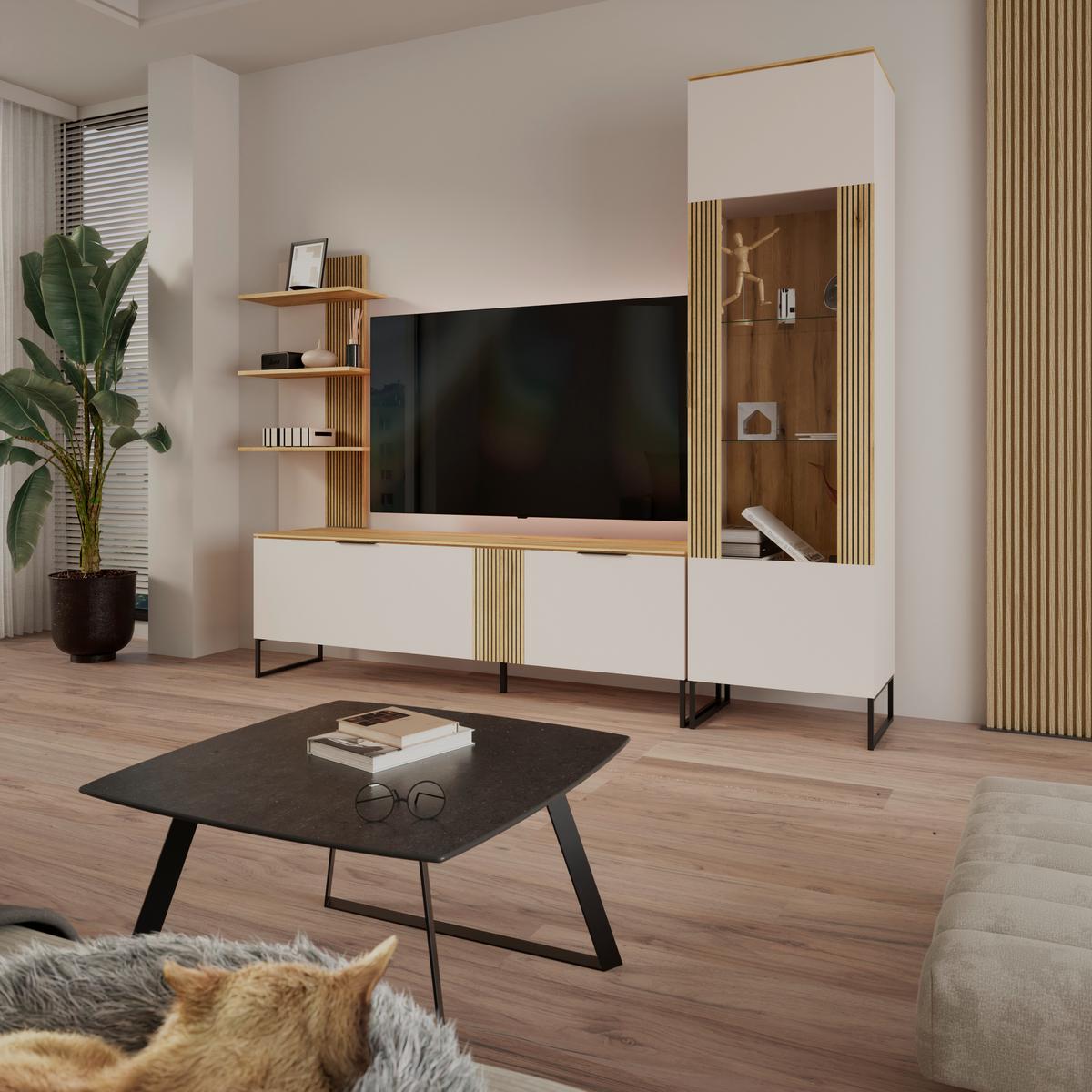 Vitrina King - kašmir/boje hrasta, Moderno, staklo/drvni materijal (55,2/200/40cm) - Modern Living