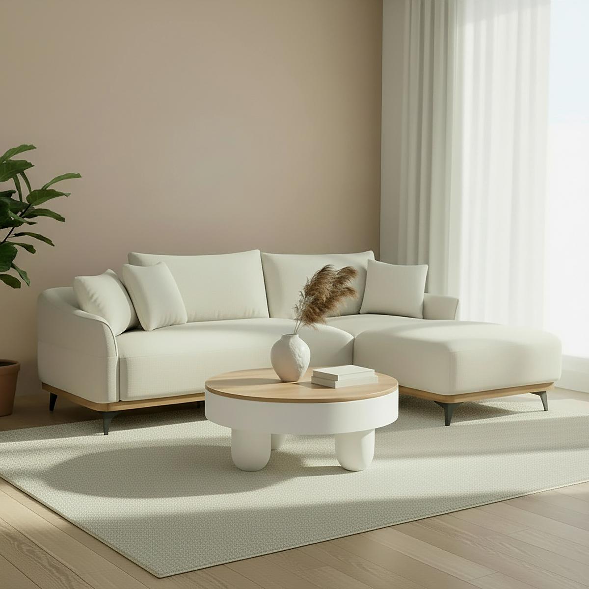 Wohnlandschaft Melia Creme Chenille - Creme/Schwarz, MODERN, Holz/Textil (253/69/166cm) - Bessagi Home