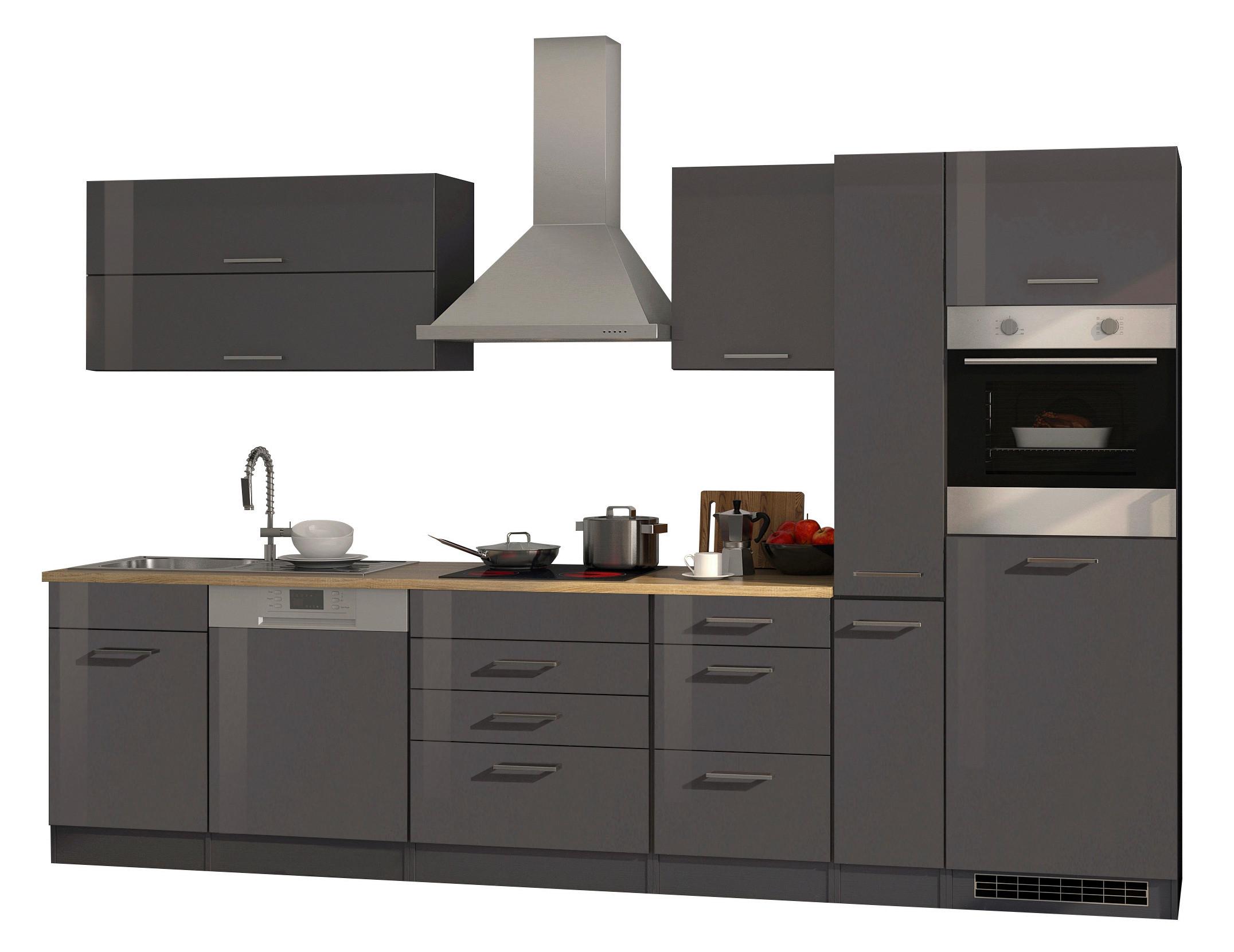 Küchenblock in Anthrazit inkl. E-Geräte 'Mailand' - Chromfarben/Eichefarben, Basics, Holzwerkstoff/Metall (330cm) - MID.YOU