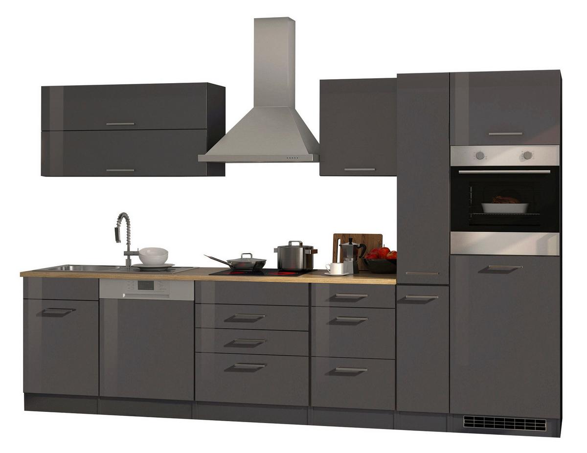 Küchenblock in Anthrazit inkl. E-Geräte 'Mailand' - Chromfarben/Eichefarben, Basics, Holzwerkstoff/Metall (330cm) - MID.YOU