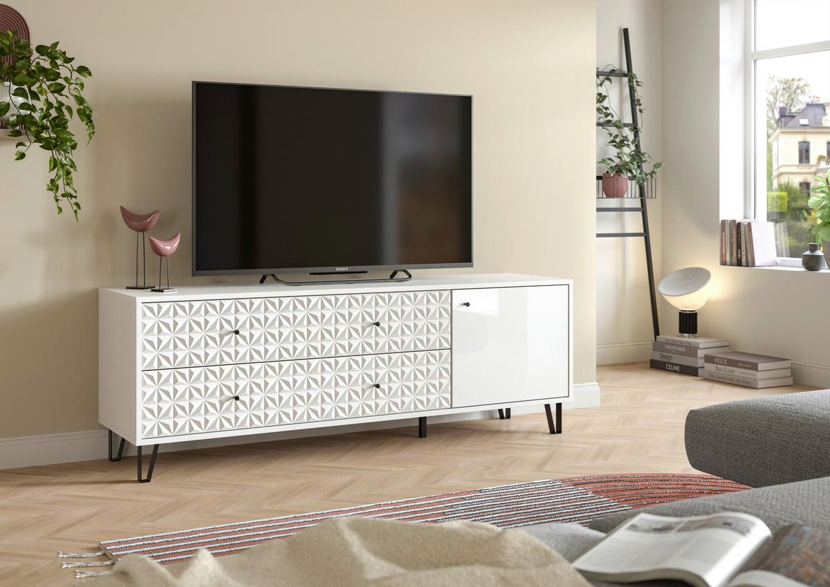 Lowboard Prisma Weiß hochglanz - Weiß Hochglanz/Schwarz, Design, Holzwerkstoff/Kunststoff (164/56/40cm) - Livetastic