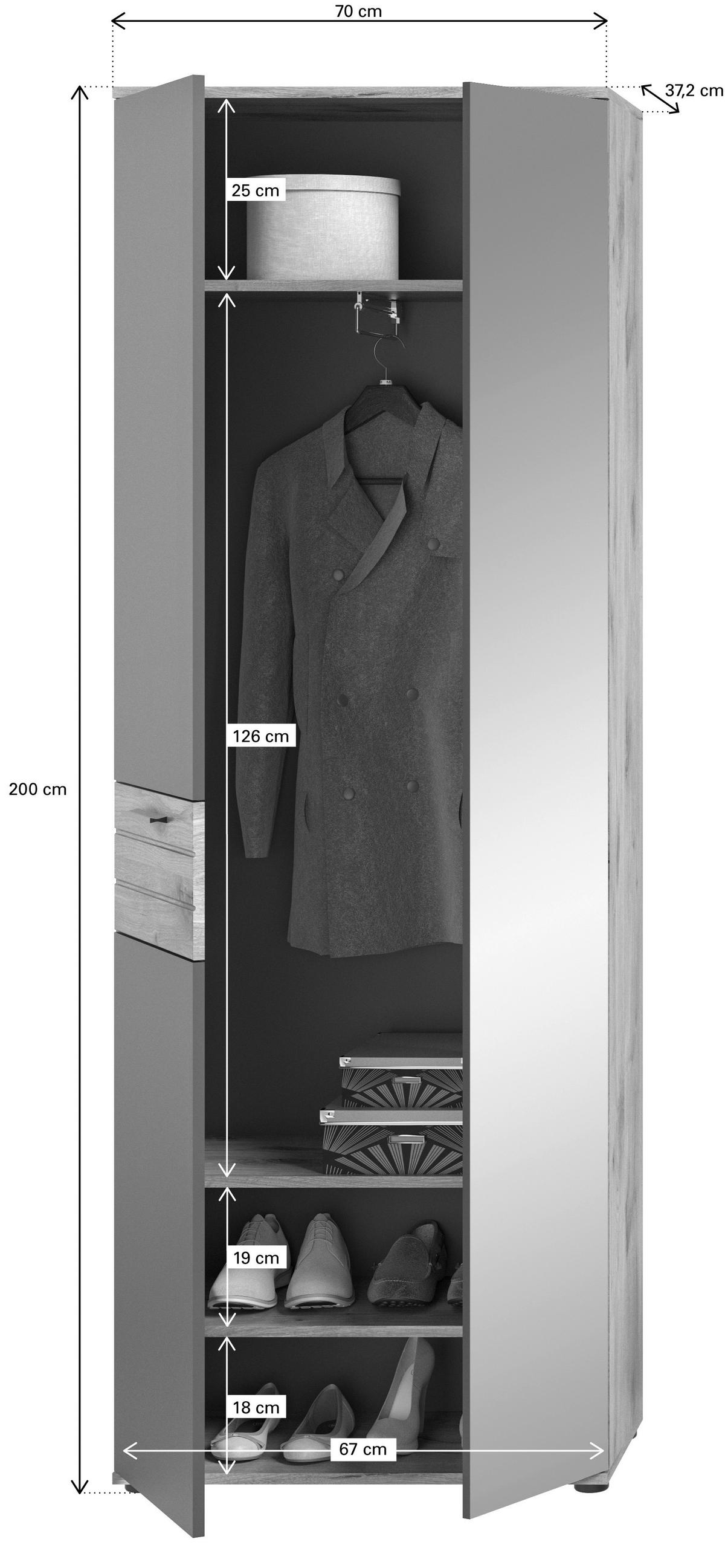 Garderobenschrank Mason ca. 70x200 cm Eiche/Grau - Eichefarben/Schwarz, MODERN, Holzwerkstoff/Kunststoff (70/200/37cm) - MID.YOU