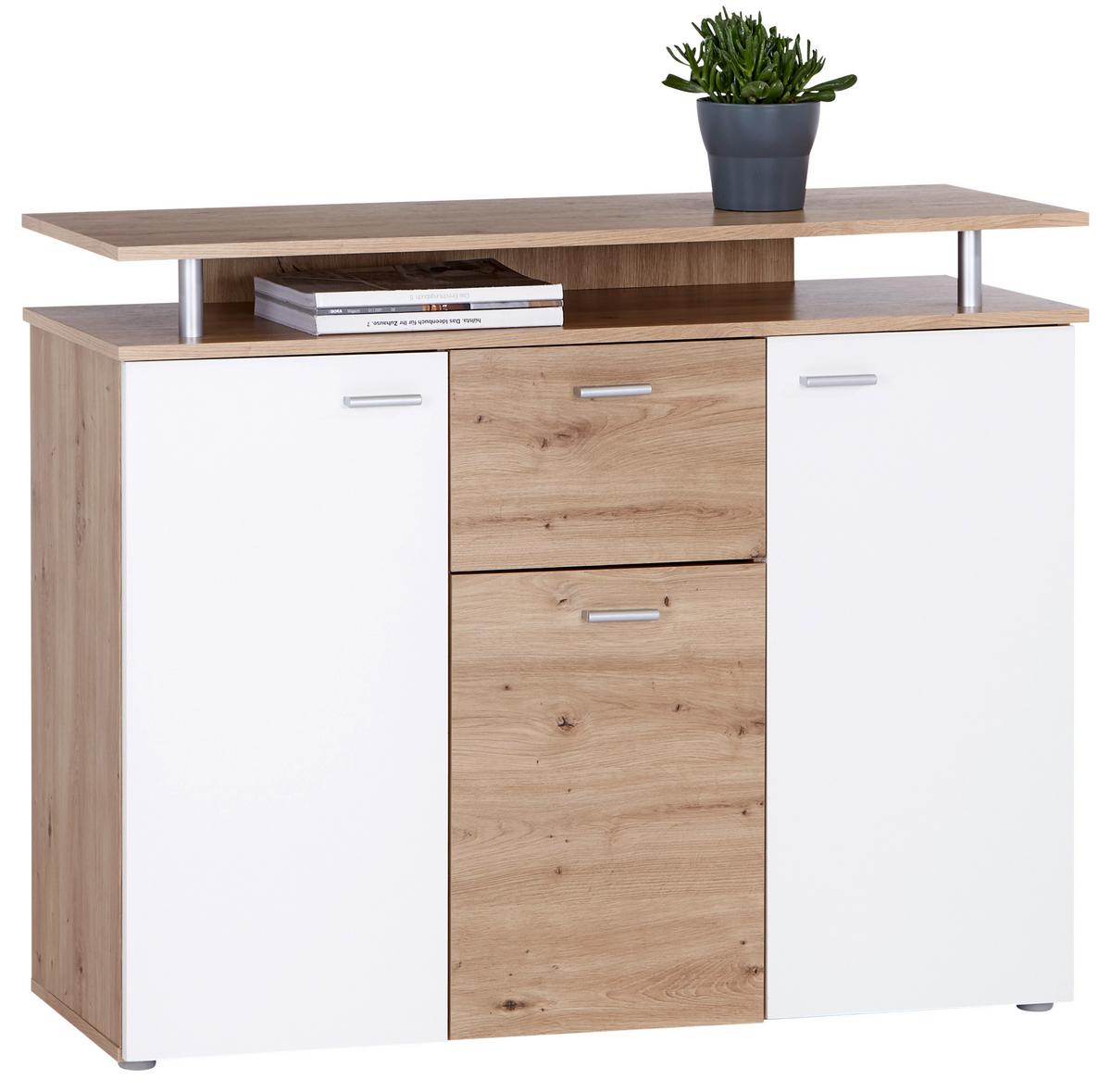 Komoda Leon, Bela, Barva Hrasta - bela/barve aluminija, Moderno, umetna masa/leseni material (117/92,3/38cm) - Mömax