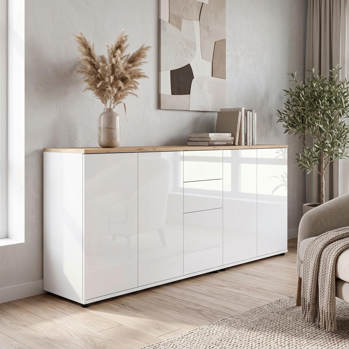 Sideboard Mailand Set 10 Weiß/Eiche - Weiß Hochglanz/Schwarz, MODERN, Holzwerkstoff/Kunststoff (184,5/73/33cm) - MID.YOU