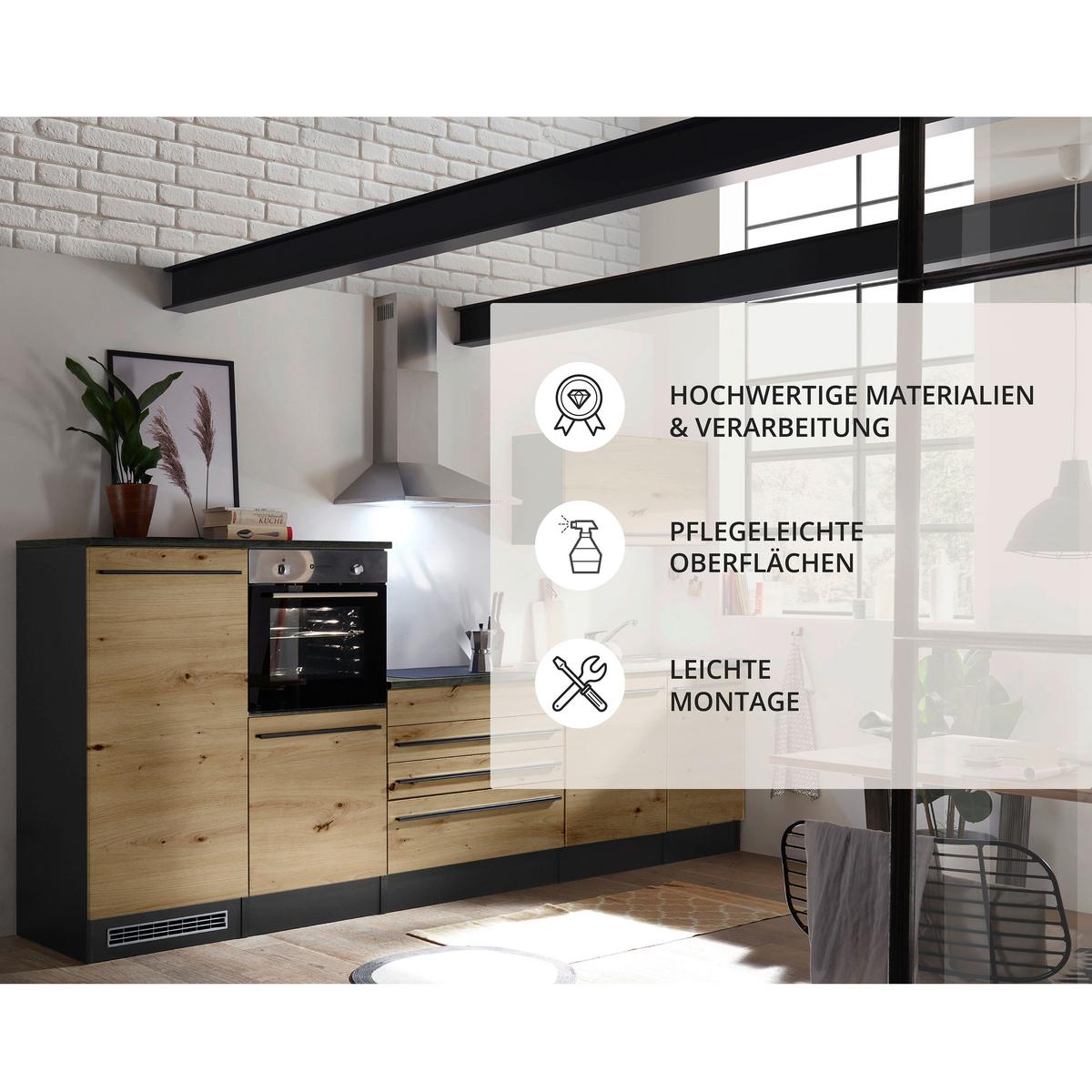 Küchenblock Jazz mit Geräten ca.320 cm Eiche/Anthrazit - Anthrazit/Schwarz, Basics, Holzwerkstoff/Kunststoff (320cm) - P & B