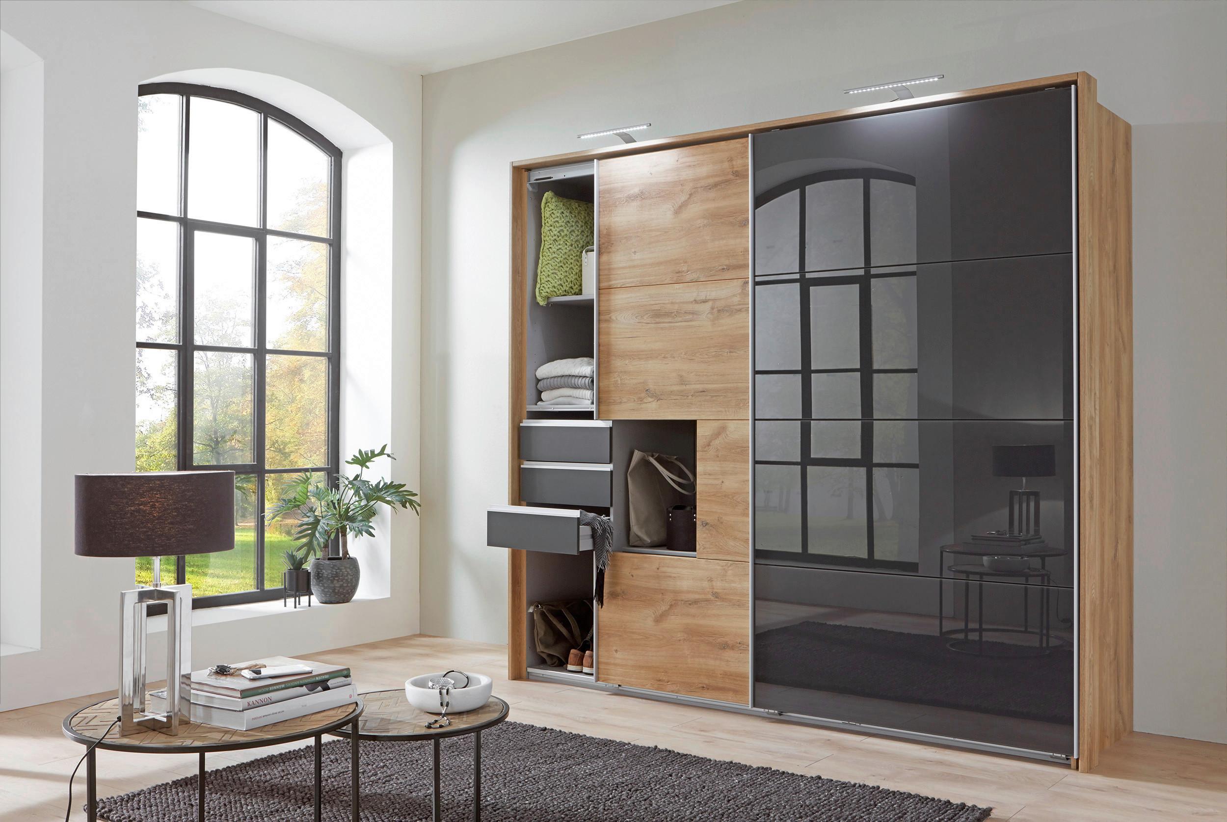Schwebetürenschrank Saigon in Graphit/Grau/Plankeneiche - Plankeneiche/Graphitfarben, KONVENTIONELL, Glas/Holzwerkstoff (225/208/64cm) - Premium Living